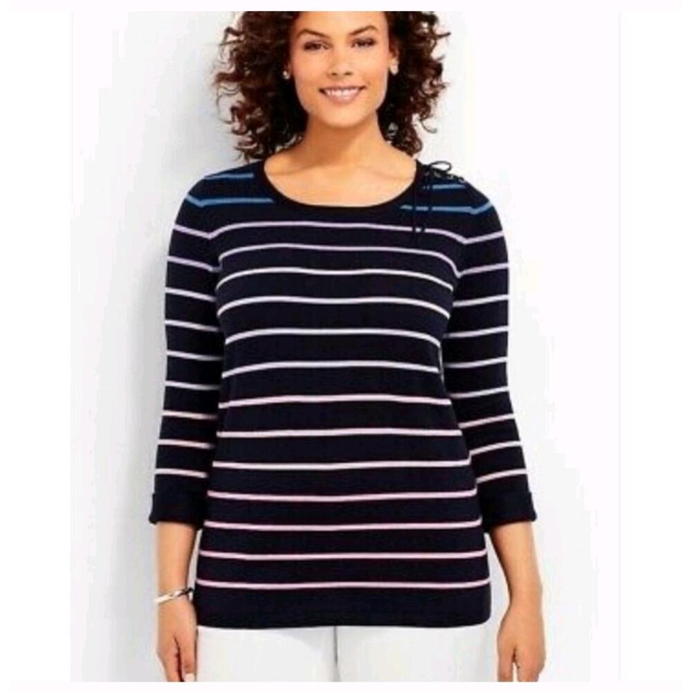 Talbots Petite Large Navy Blue Purple Pink Ombre Striped Sweater 3/4 Sleeve